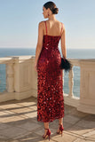 Sparkly Golden Sheath Sequin Spaghetti Straps Long Wedding Guest Dress
