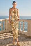 Sparkly Golden Sheath Sequin Spaghetti Straps Long Wedding Guest Dress