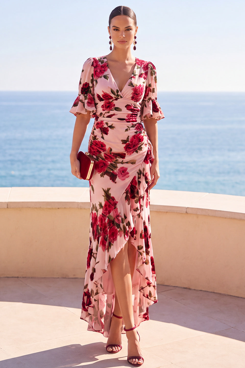 Pink Red Flower V-Neck Ruched High-Low Velvet Wedding Guest Dress with Sleeves