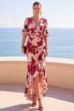 Pink Red Flower V-Neck Ruched High-Low Velvet Wedding Guest Dress with Sleeves
