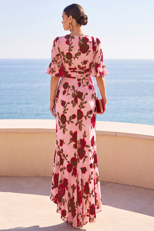 Pink Red Flower V-Neck Ruffled High-Low Wedding Guest Dress with Sleeves