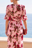 Pink Red Flower V-Neck Ruched High-Low Velvet Wedding Guest Dress with Sleeves