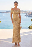 Sparkly Golden Mermaid Off the Shoulder Ruched Sequin Long Wedding Guest Dress