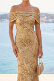 Sparkly Golden Mermaid Off the Shoulder Ruched Sequin Long Wedding Guest Dress