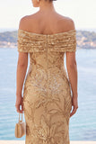 Sparkly Golden Mermaid Off the Shoulder Ruched Sequin Long Wedding Guest Dress