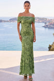 Sparkly Golden Mermaid Off the Shoulder Ruched Sequin Long Wedding Guest Dress