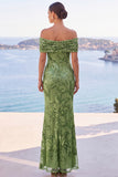 Sparkly Golden Mermaid Off the Shoulder Ruched Sequin Long Wedding Guest Dress