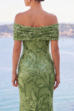 Sparkly Golden Mermaid Off the Shoulder Ruched Sequin Long Wedding Guest Dress