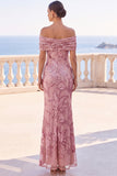 Sparkly Golden Mermaid Off the Shoulder Ruched Sequin Long Wedding Guest Dress