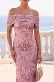 Sparkly Golden Mermaid Off the Shoulder Ruched Sequin Long Wedding Guest Dress