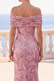 Sparkly Golden Mermaid Off the Shoulder Ruched Sequin Long Wedding Guest Dress