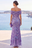 Sparkly Golden Mermaid Off the Shoulder Ruched Sequin Long Wedding Guest Dress