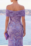 Sparkly Golden Mermaid Off the Shoulder Ruched Sequin Long Wedding Guest Dress