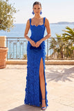 Floral Royal Blue Corset Lace Sheath Long Wedding Guest Dress with Slit