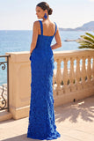 Floral Royal Blue Corset Lace Sheath Long Wedding Guest Dress with Slit