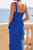 Floral Royal Blue Corset Lace Sheath Long Wedding Guest Dress with Slit