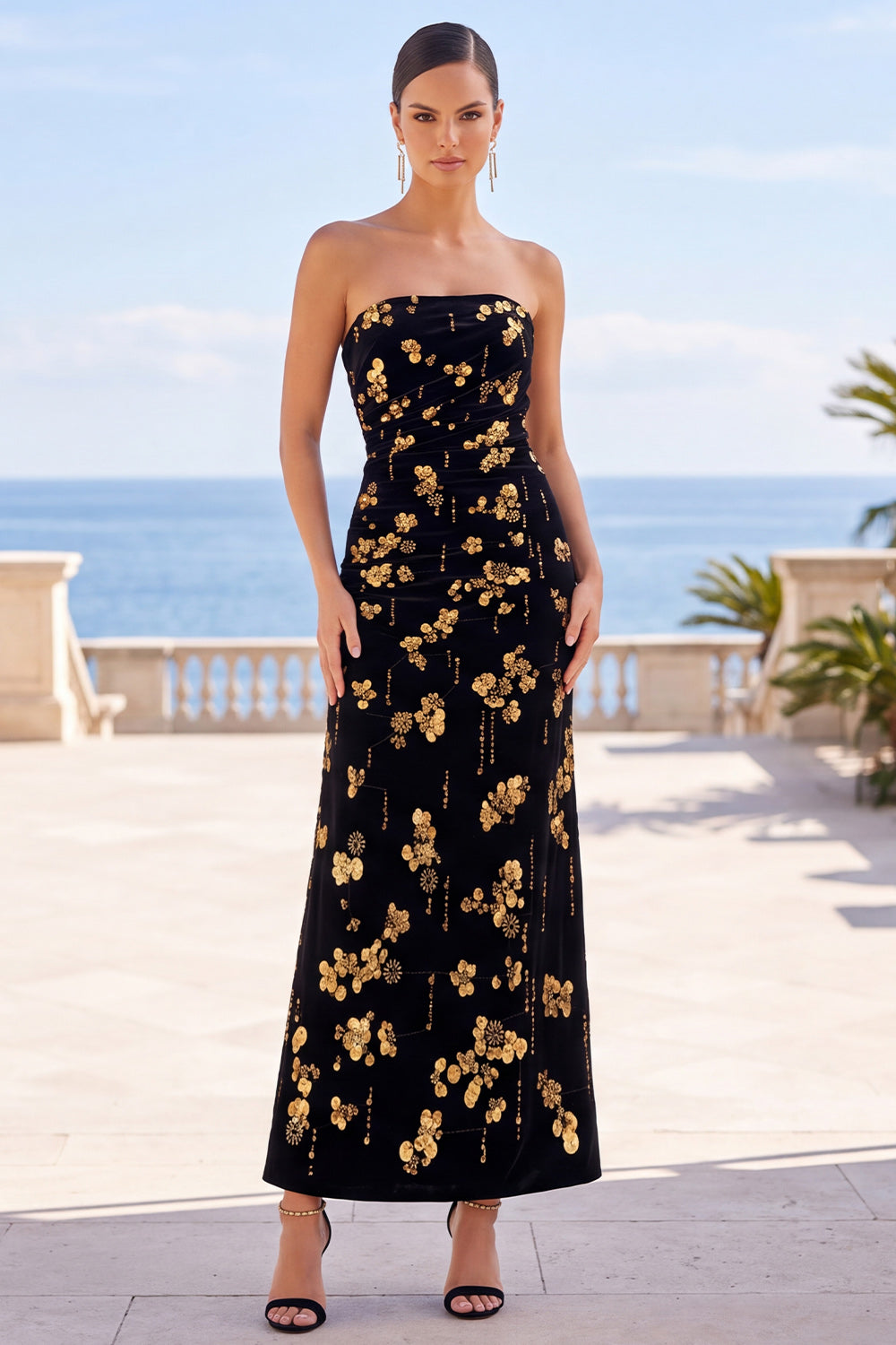 Black Golden Sheath Strapless Floral Long Velvet Wedding Guest Dress