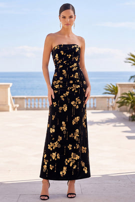 Black Golden Sheath Strapless Floral Long Velvet Wedding Guest Dress