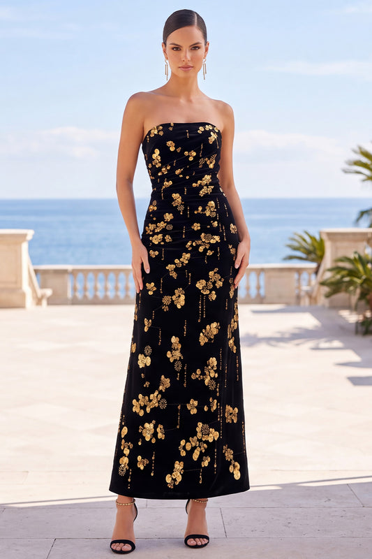Black Golden Sheath Strapless Floral Long Velvet Holiday Dress