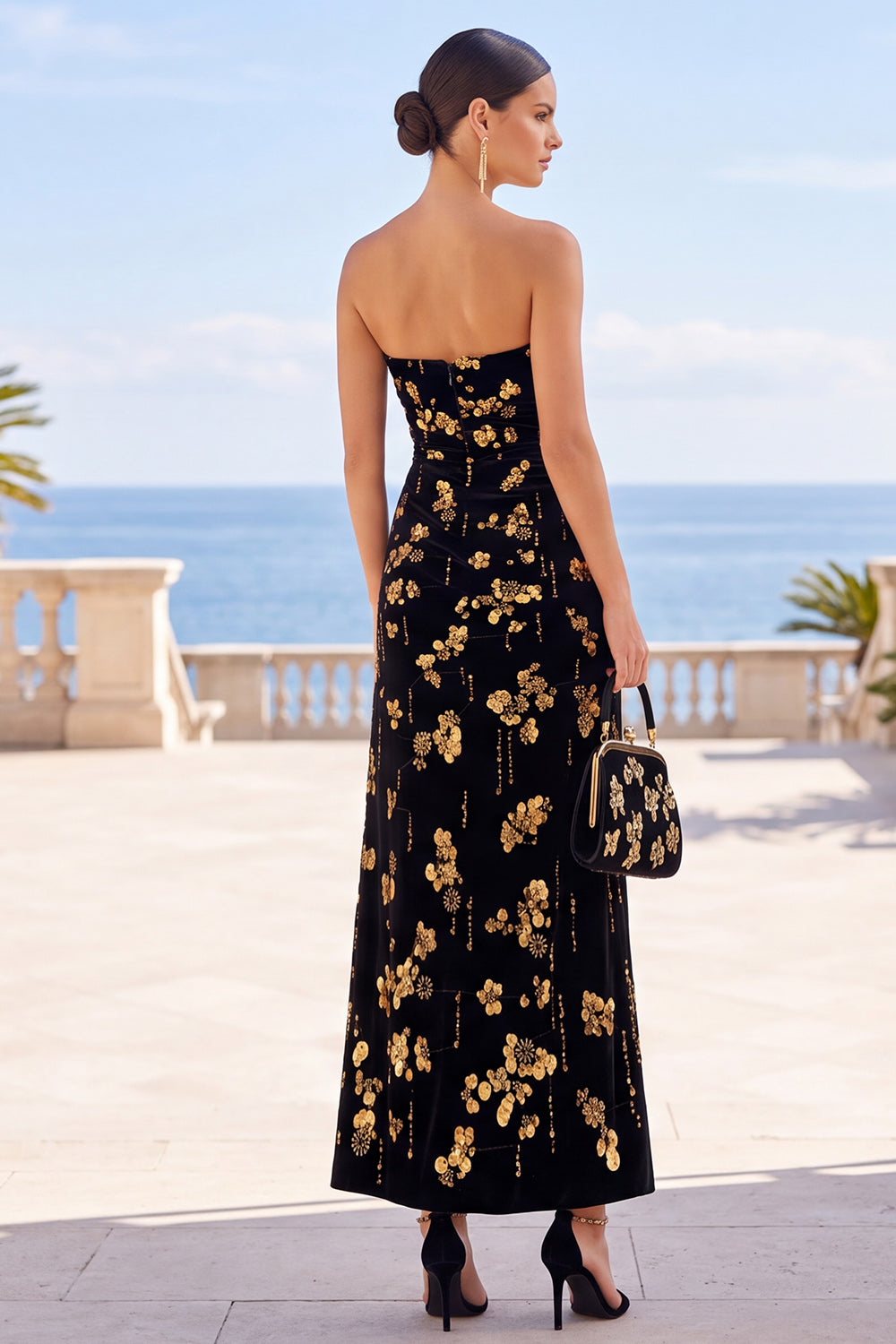 Black Golden Sheath Strapless Floral Long Velvet Wedding Guest Dress