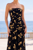 Black Golden Sheath Strapless Floral Long Velvet Wedding Guest Dress