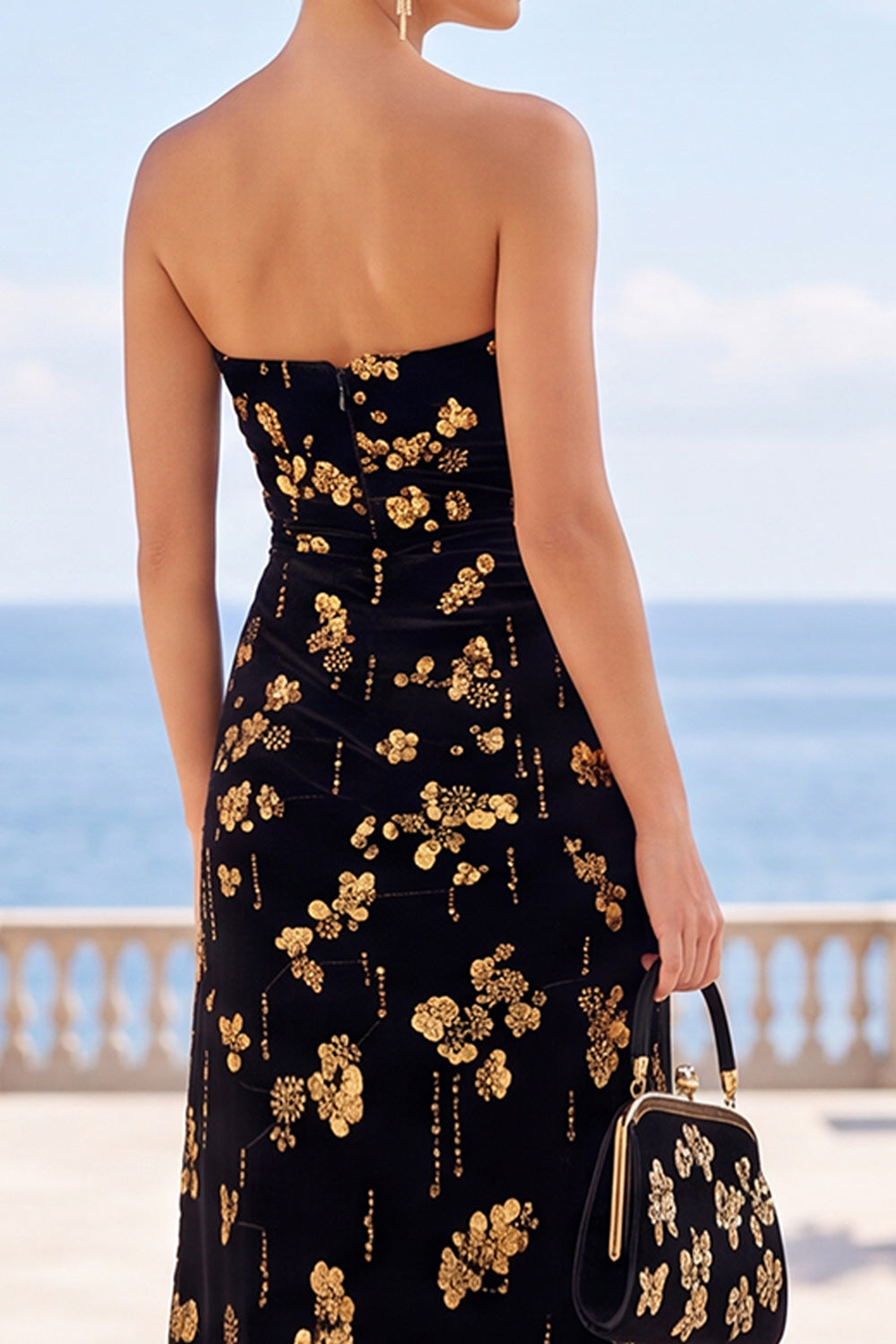Black Golden Sheath Strapless Floral Long Velvet Wedding Guest Dress