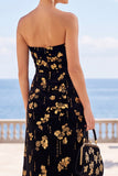 Black Golden Sheath Strapless Floral Long Velvet Wedding Guest Dress