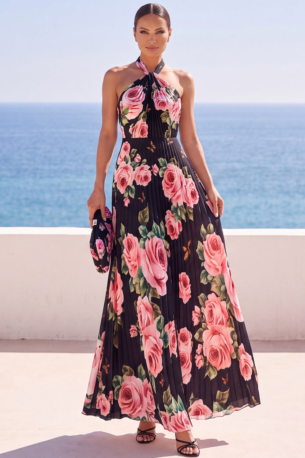 Black Floral Halter Chiffon Pleated A Line Long Wedding Guest Dress