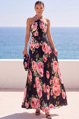 Black Floral Halter Chiffon Pleated A Line Long Wedding Guest Dress