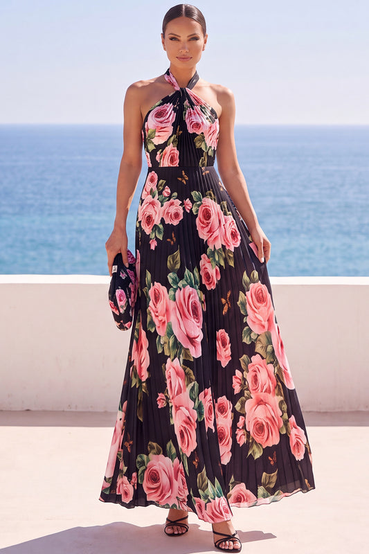 Black Floral Halter Chiffon Pleated A Line Long Wedding Guest Dress
