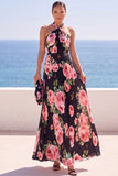 Black Floral Halter Chiffon Pleated A Line Long Wedding Guest Dress