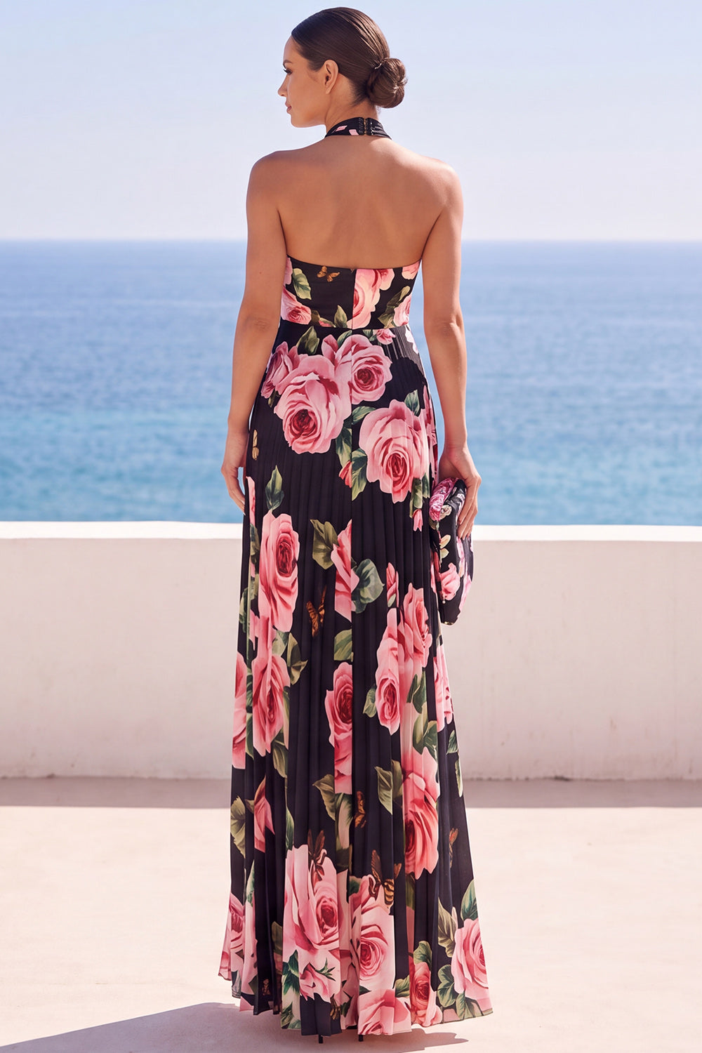 Black Floral Halter Chiffon Pleated A Line Long Wedding Guest Dress