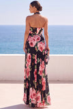 Black Floral Halter Chiffon Pleated A Line Long Wedding Guest Dress
