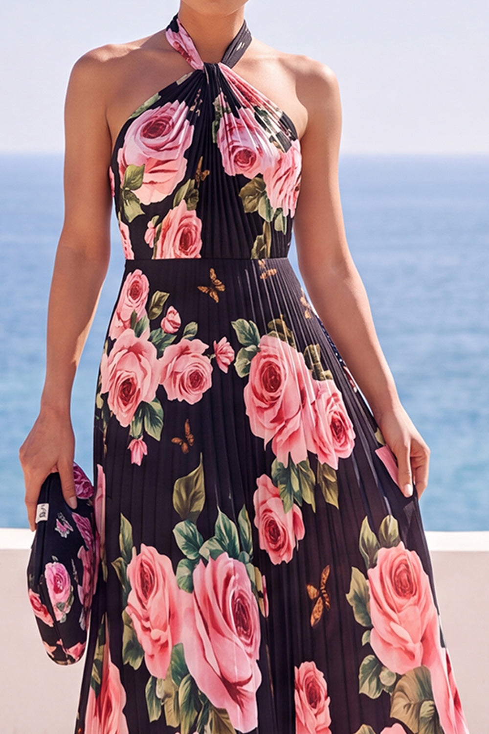 Black Floral Halter Chiffon Pleated A Line Long Wedding Guest Dress