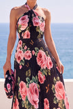 Black Floral Halter Chiffon Pleated A Line Long Wedding Guest Dress