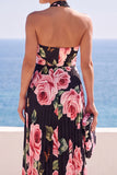 Black Floral Halter Chiffon Pleated A Line Long Wedding Guest Dress