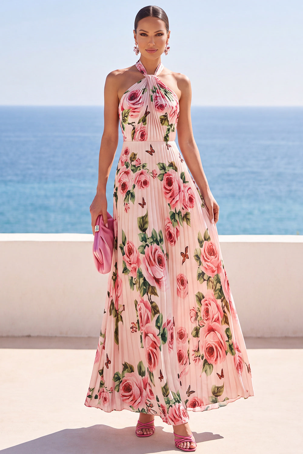 Black Floral Halter Chiffon Pleated A Line Long Wedding Guest Dress