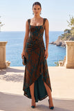 Dark Green Jacquard Velvet Sheath Floral Ruched High-Low Wedding Guest Dress