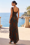 Dark Green Jacquard Velvet Sheath Floral Ruched High-Low Wedding Guest Dress