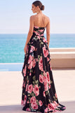 Black Floral Strapless Chiffon A-Line Ruffled Long Wedding Guest Dress with Slit