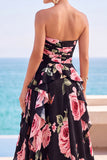 Black Floral Strapless Chiffon A-Line Ruffled Long Wedding Guest Dress with Slit