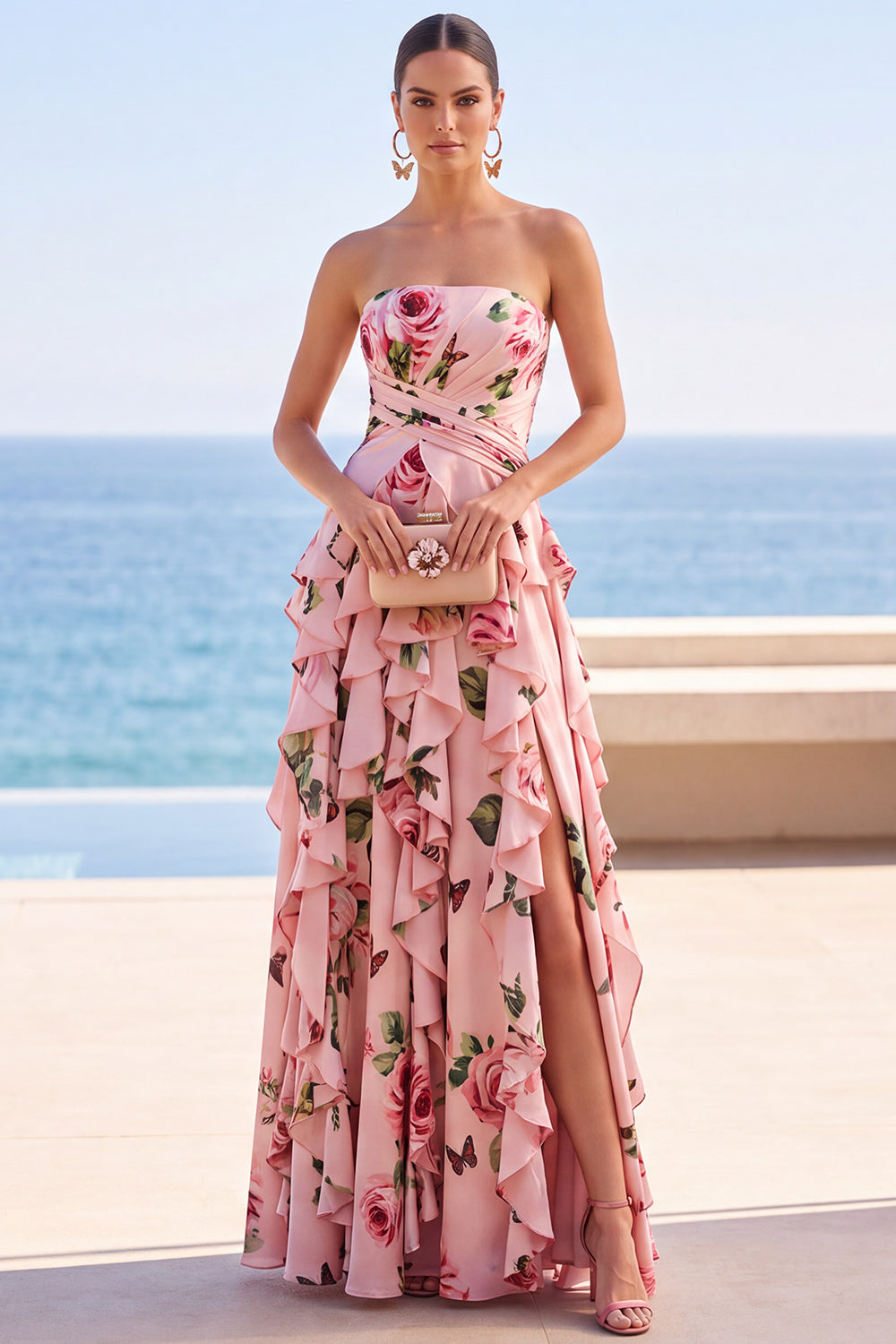Black Floral Strapless Chiffon A-Line Ruffled Long Wedding Guest Dress with Slit