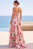 Black Floral Strapless Chiffon A-Line Ruffled Long Wedding Guest Dress with Slit