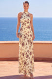 Apricot Sheath High Neck Floral Long Wedding Guest Dress