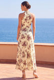 Apricot Sheath High Neck Floral Long Wedding Guest Dress