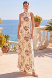 Apricot Sheath High Neck Floral Long Wedding Guest Dress