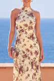 Apricot Sheath High Neck Floral Long Wedding Guest Dress