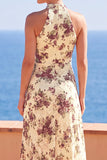 Apricot Sheath High Neck Floral Long Wedding Guest Dress