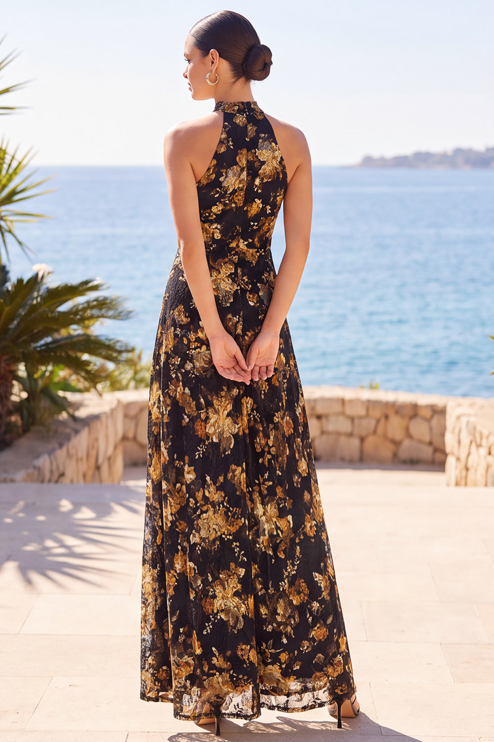 Apricot Sheath High Neck Floral Long Wedding Guest Dress