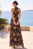 Apricot Sheath High Neck Floral Long Wedding Guest Dress